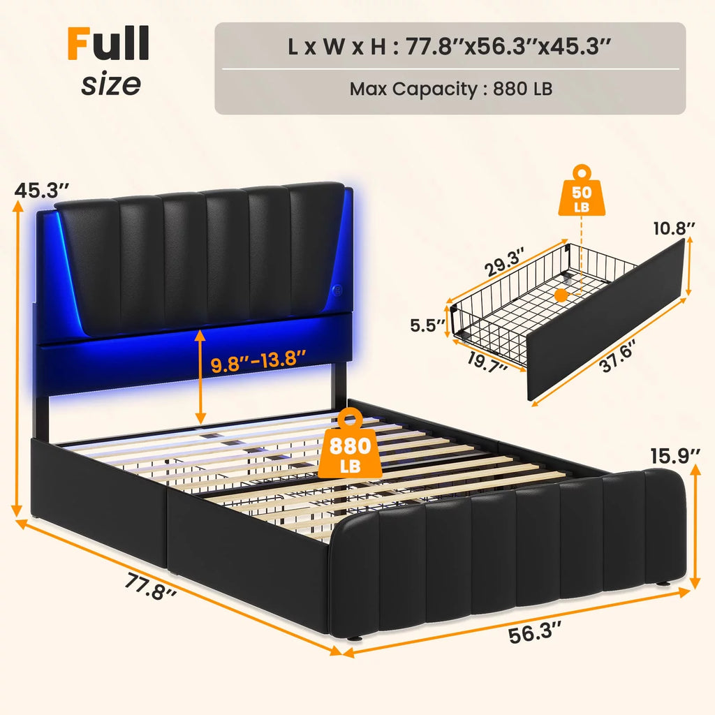 Black Full Size Bed Frame with Headboard and 4 Storage Drawers N183