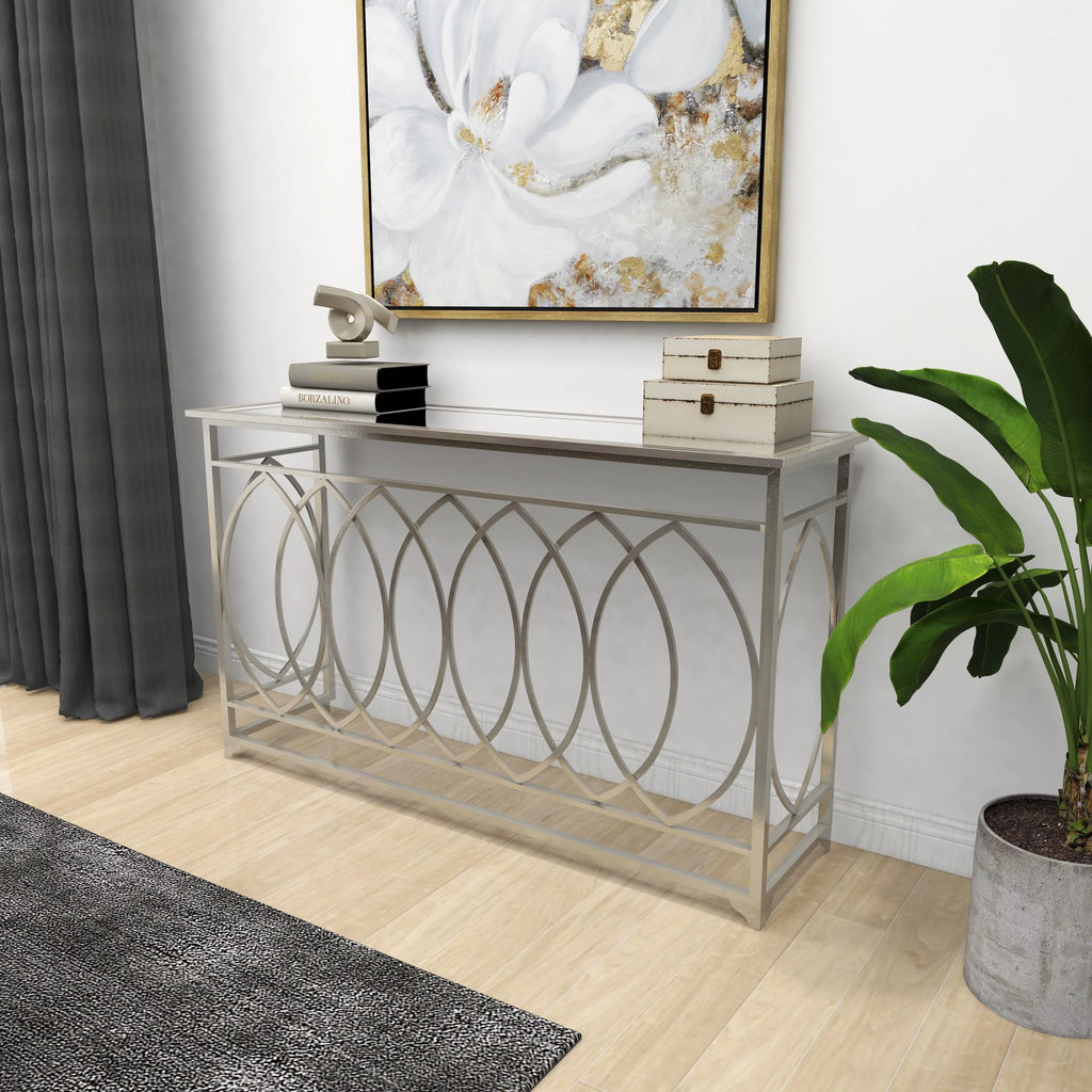 54" x 32" Silver Metal Mirrored Glass Console Table Z633614