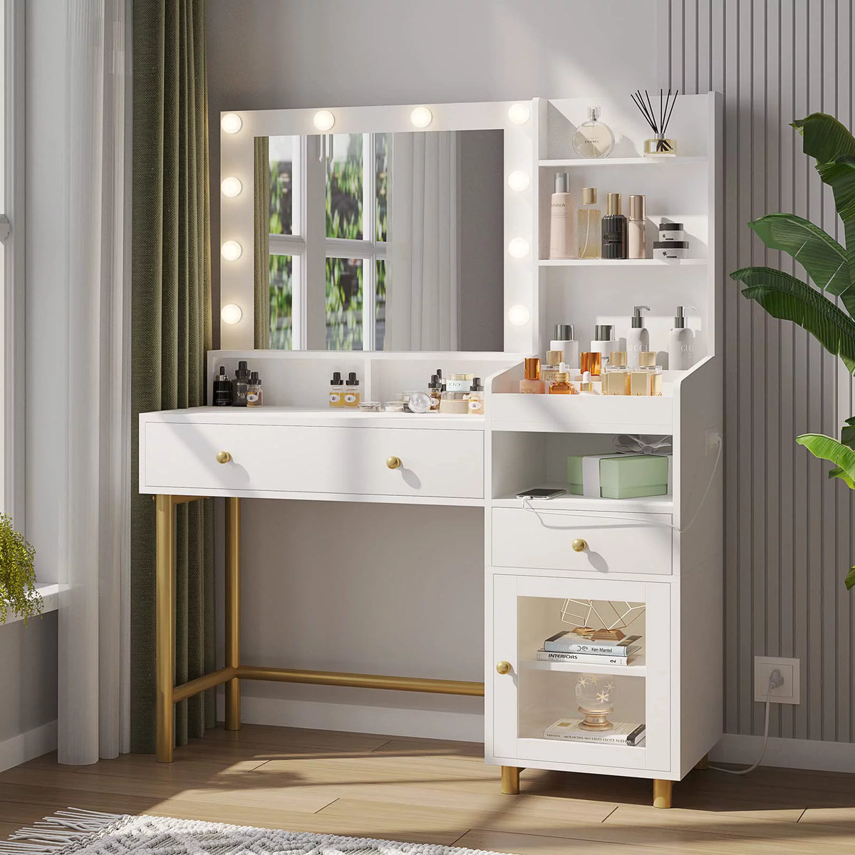 White Vanity Desk with Lights and Charging Station D437711