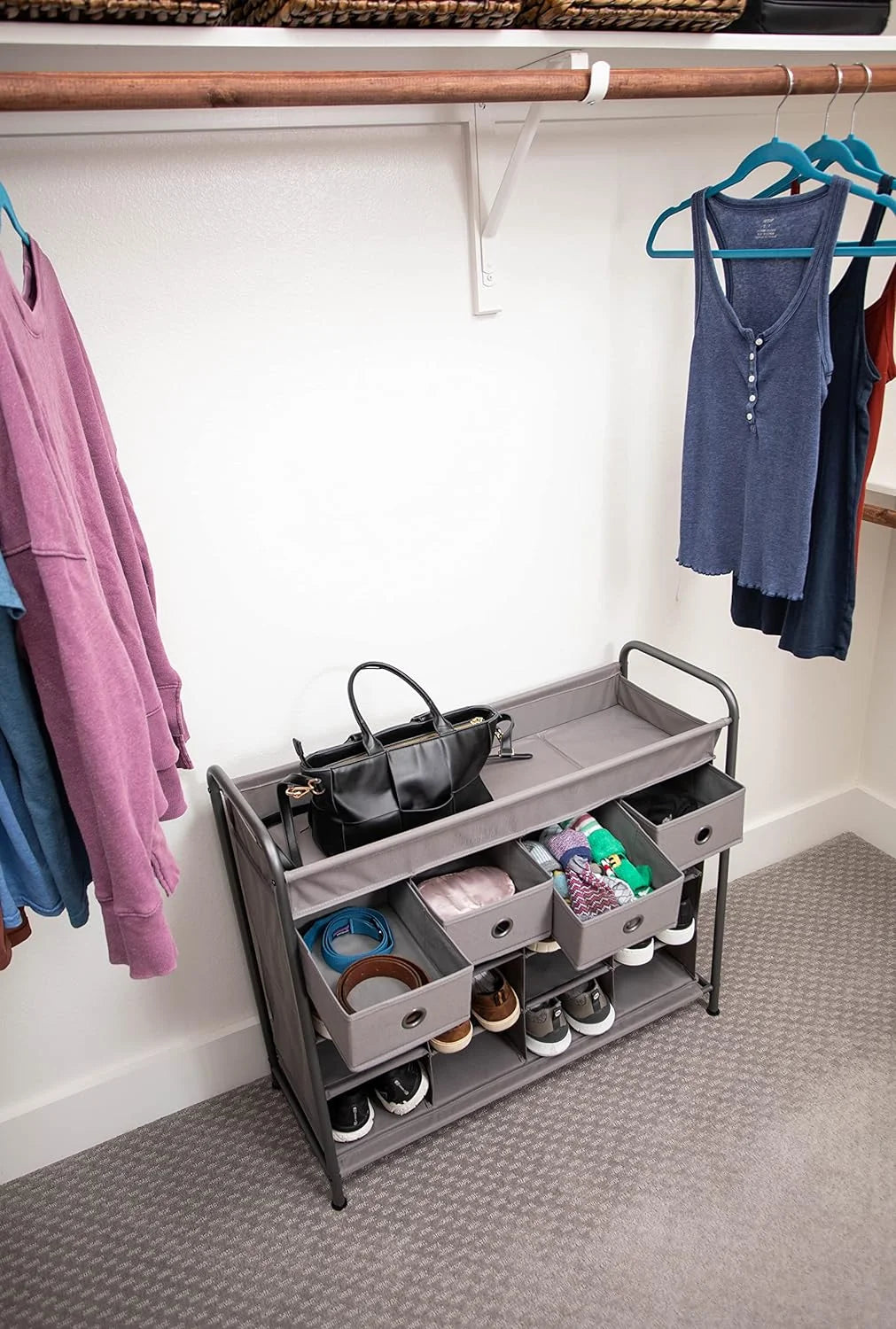 Grey 16 Cubby Shoe Rack Organizer with 4 Drawers K422