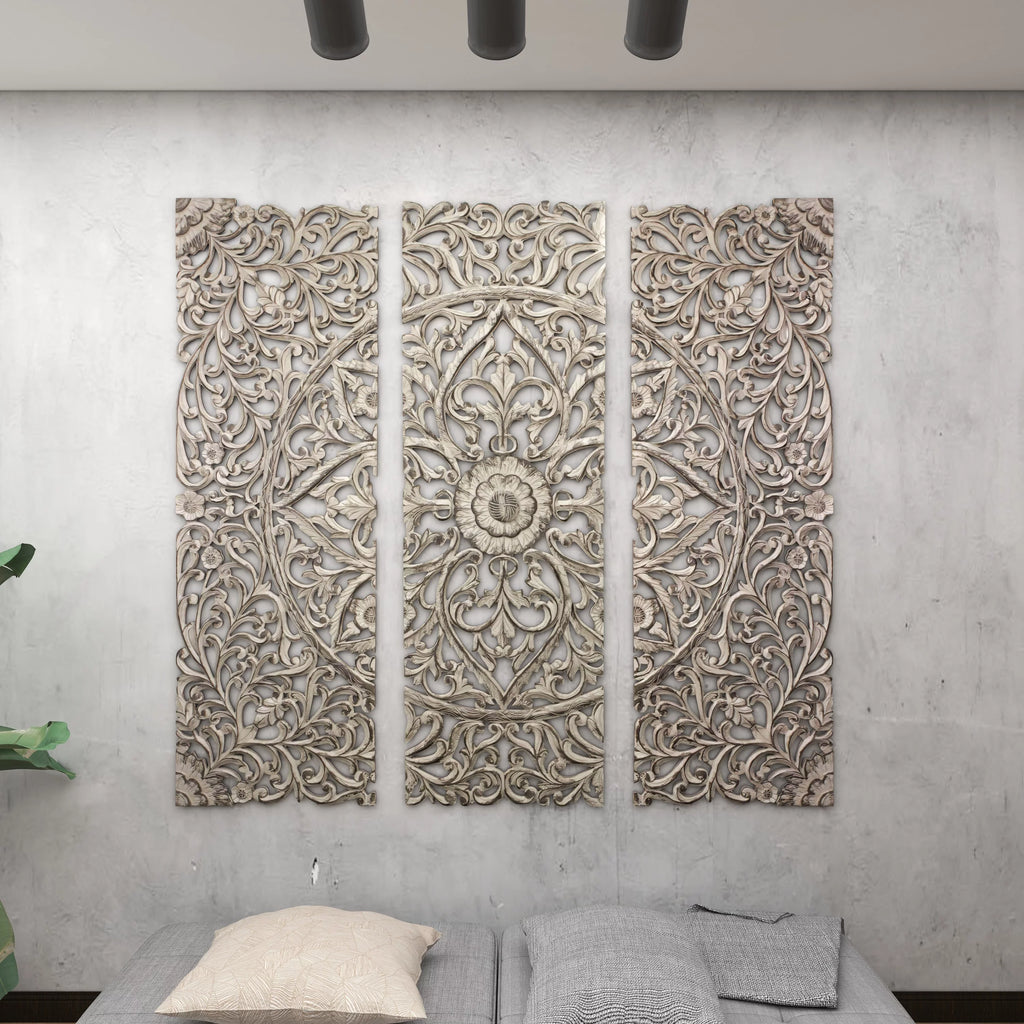 Handmade Gray Carved Floral Wall Décor, Set of 3 T929