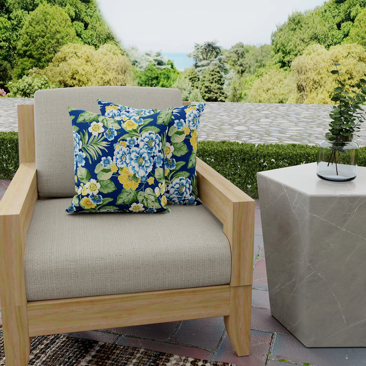 Lapis Blue Floral Square Outdoor Throw Pillow 2 Pack W56162