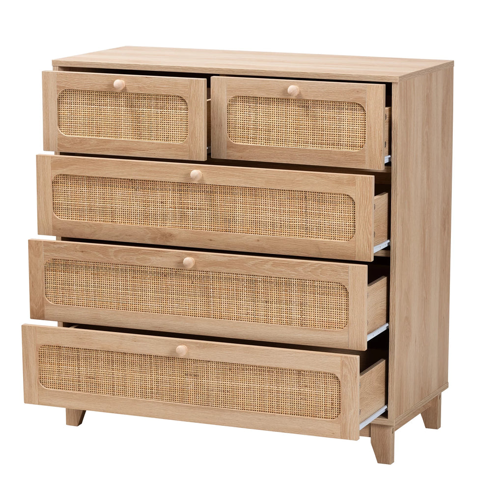 Oak Brown Wood and Natural Rattan 5-Drawer Storage Cabinet W622648