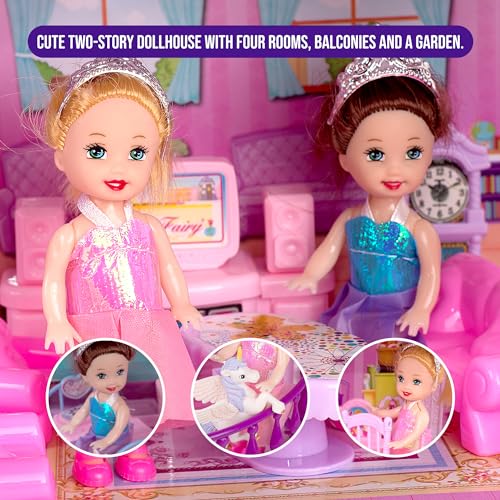 Pink and Purple Dollhouse with 4 Princesses, 4 Unicorns, Dog, Furniture and Accessories B56189