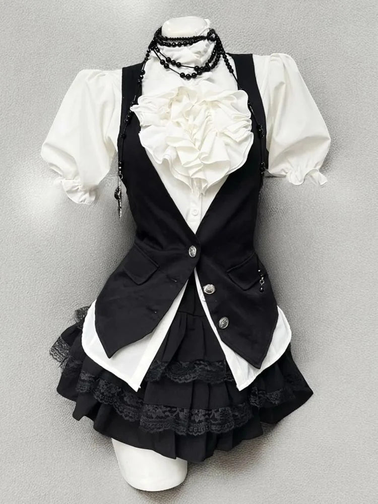 Vintage-Style Shirt, Vest & Mini Skirt Three-Piece Set N289484
