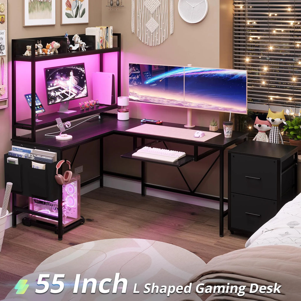 Black 55" Reversible Corner Computer Desk with Storage Shelf A1351