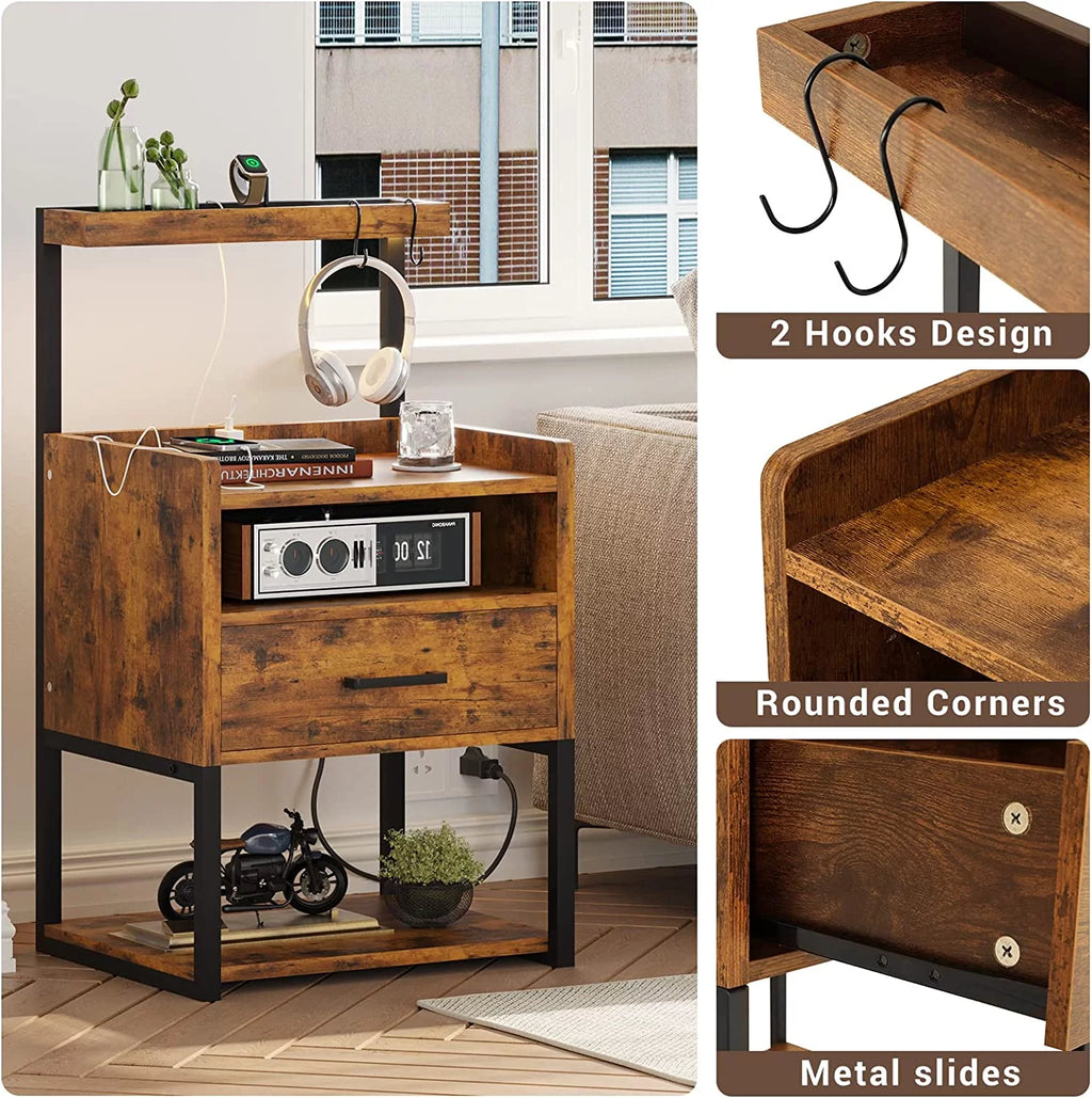 LED Nightstand Set of 2 with Charging Station and USB Ports, Rustic Brown Z793