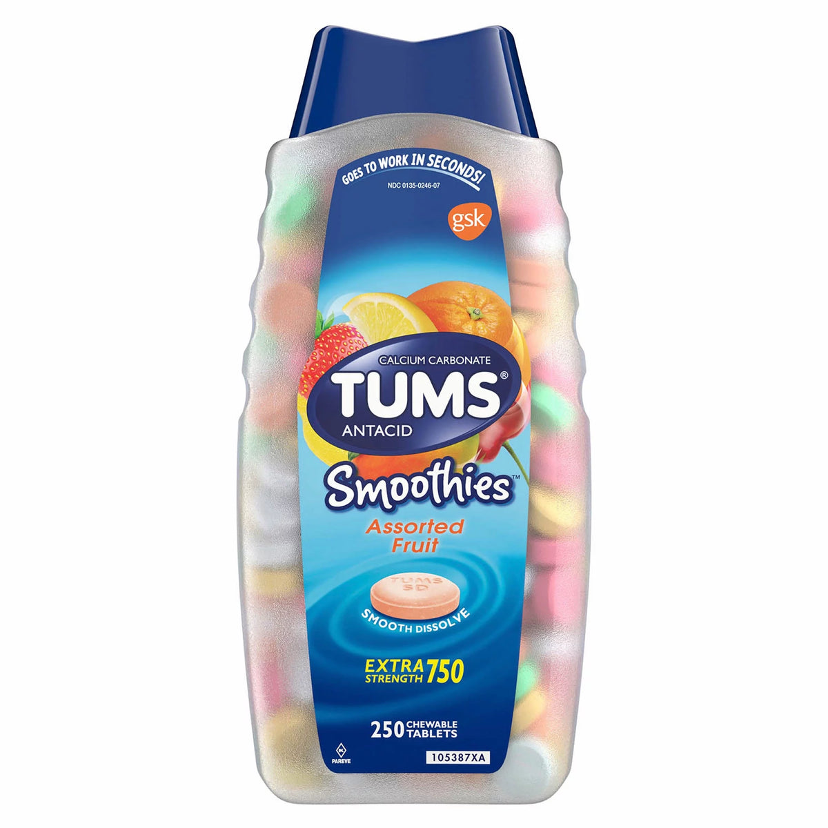 Tums Smoothies Assorted Fruit Chewable Tablets 250 ct K8986