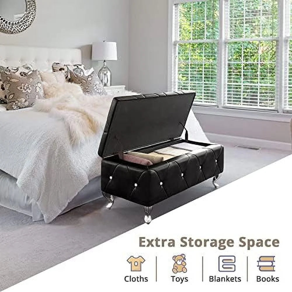 White Faux Leather Crystal Tufted Ottoman Bench M7710
