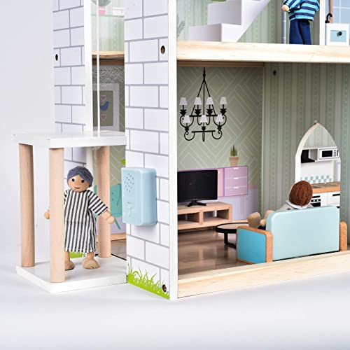 Large Pink Wooden Dollhouse with 15 Pcs Furniture & 3 Dolls V38106