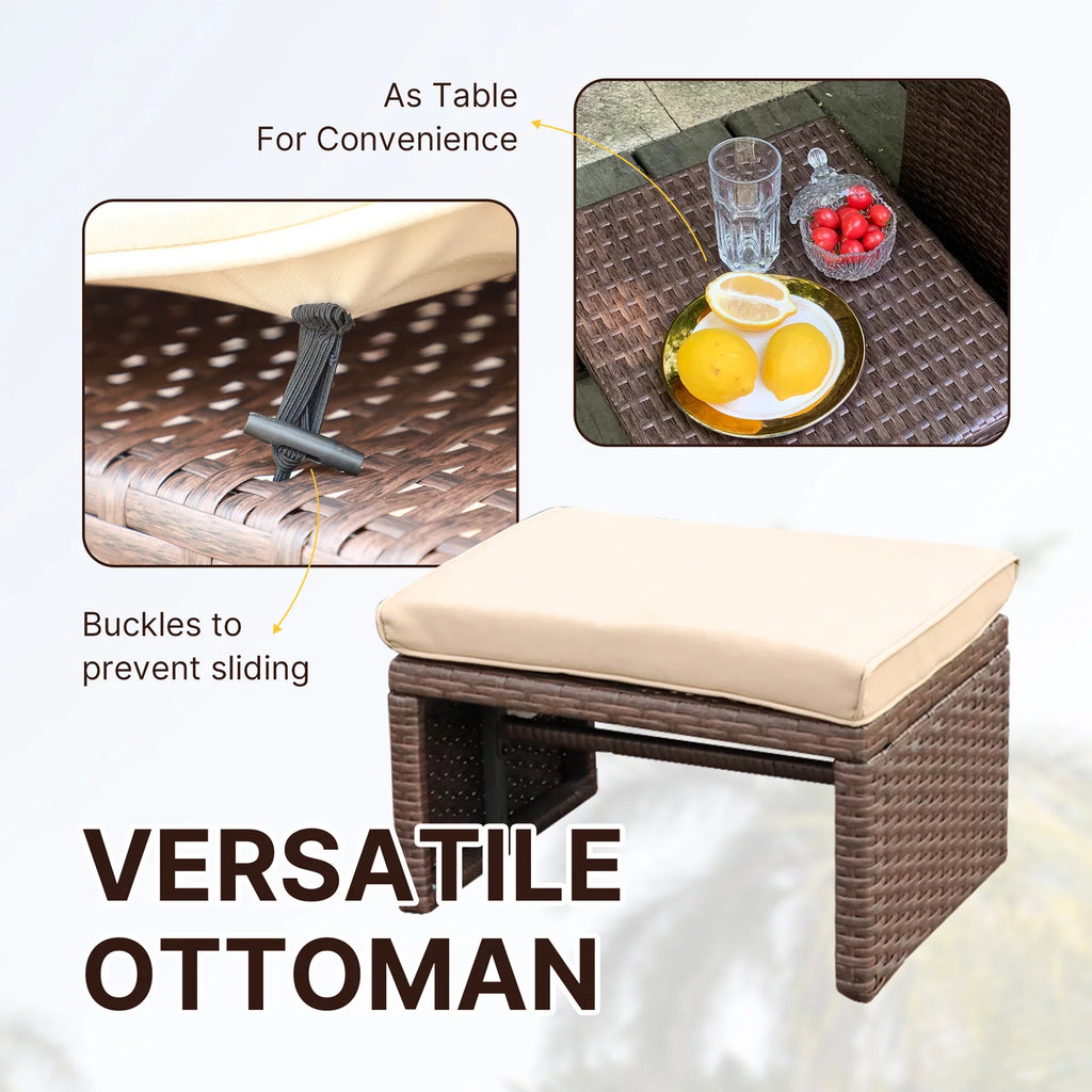 3 Piece Brown Rattan Outdoor Loveseat with Ottoman and Side Table S370