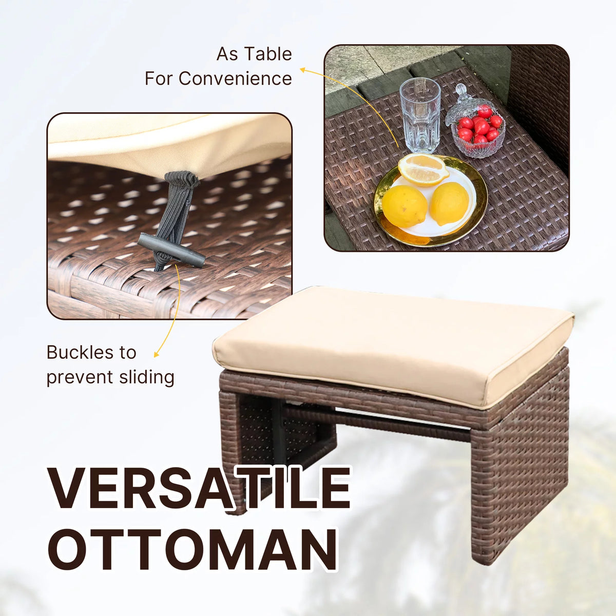 3 Piece Brown Rattan Outdoor Loveseat with Ottoman and Side Table S370