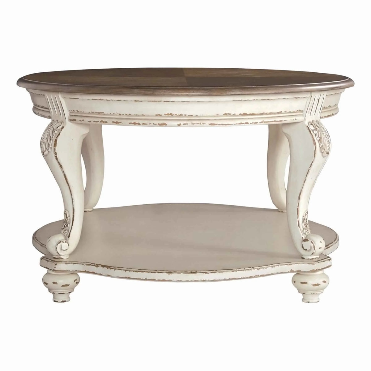 Antique White and Brown Two Tone Oval Cocktail Table with Bottom Shelf P8008