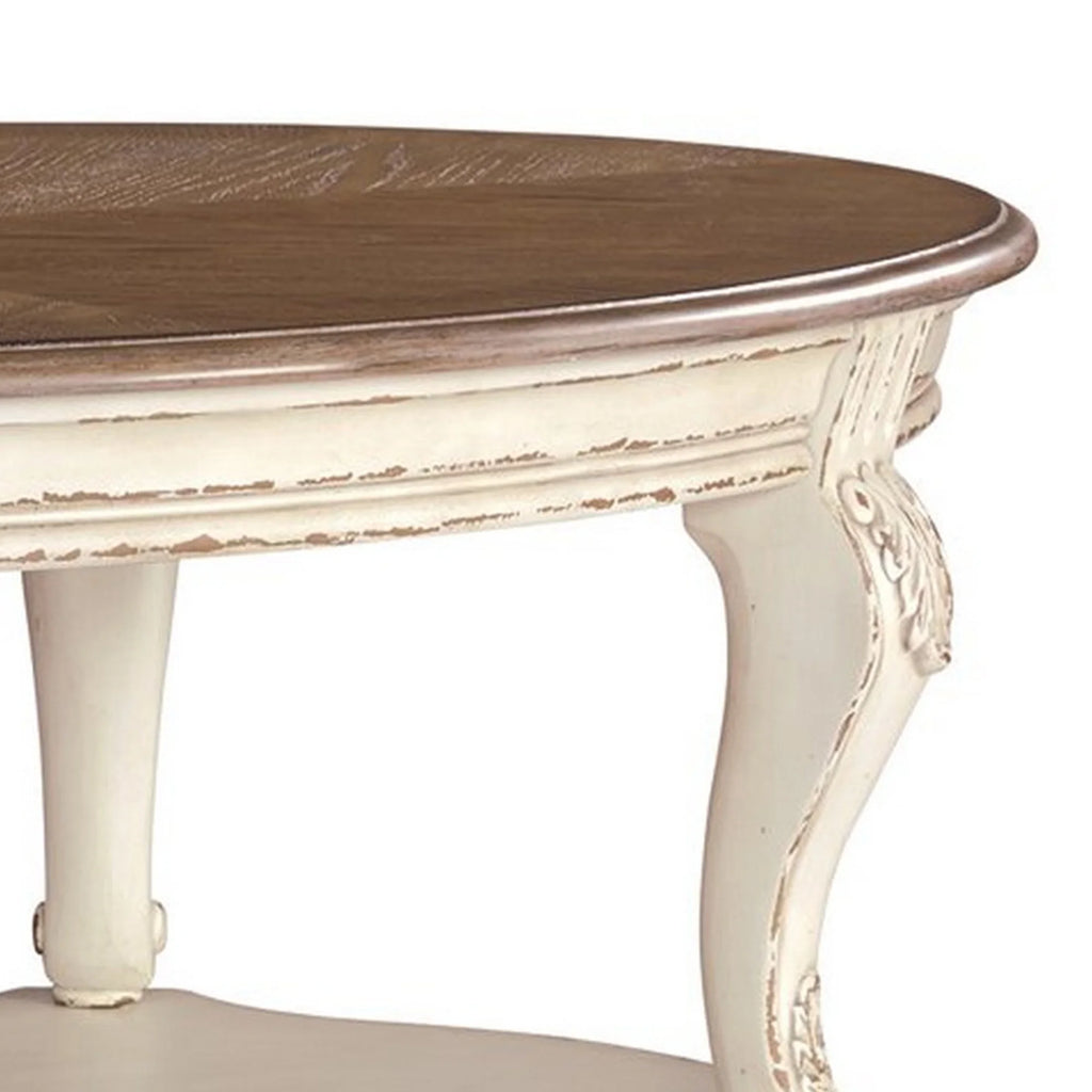 Antique White and Brown Two Tone Oval Cocktail Table with Bottom Shelf P8008