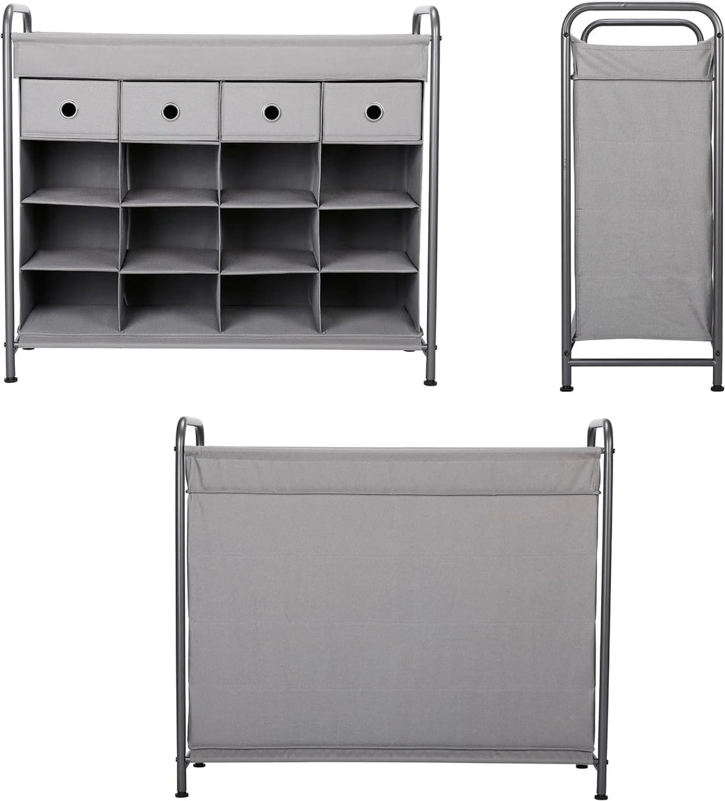 Grey 16 Cubby Shoe Rack Organizer with 4 Drawers K422