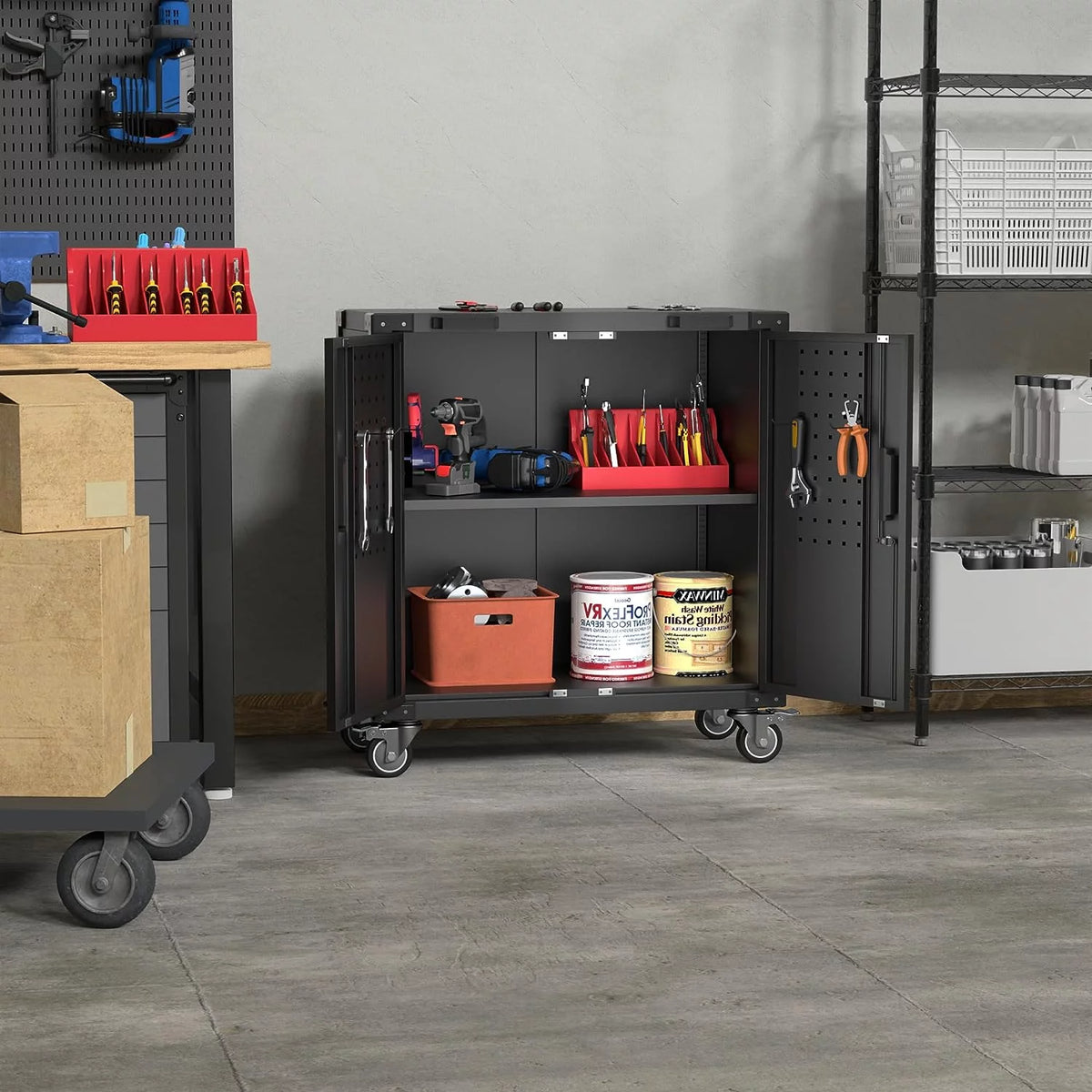 Lockable Steel Storage Cabinet with Adjustable Shelves and Wheels, Black R622035
