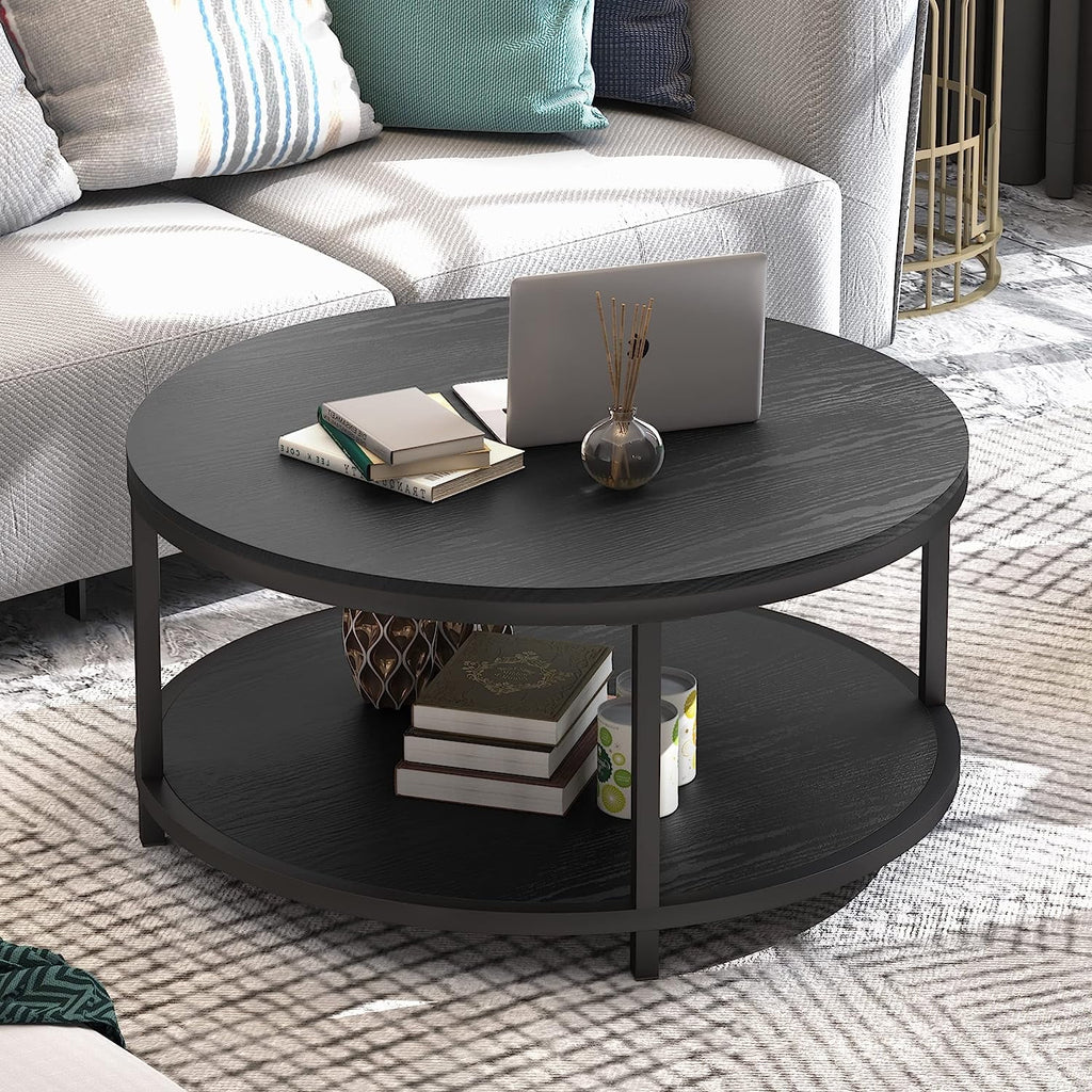 Round Black Coffee Table with Storage Open Shelf B89031
