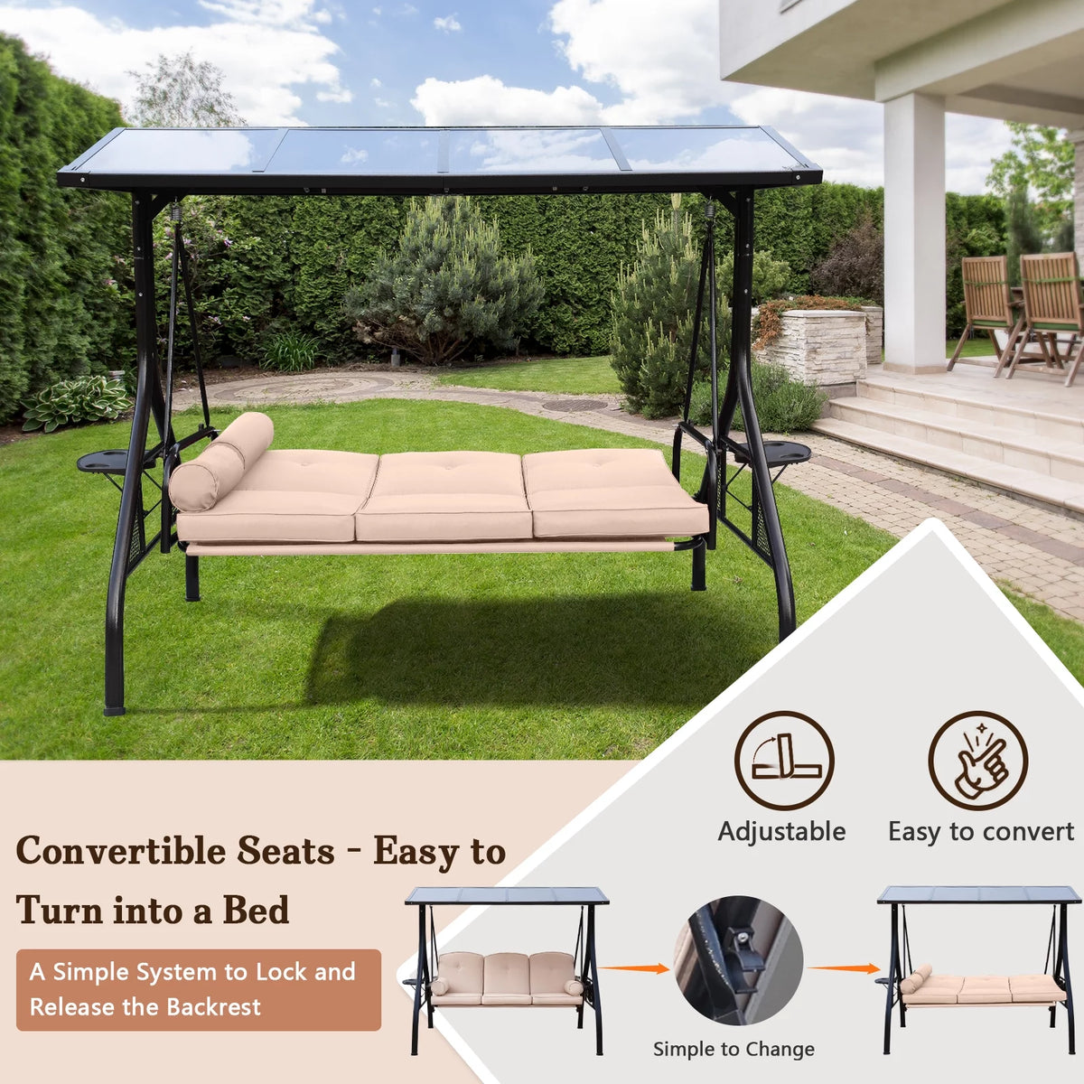 Hardtop 3 Seat Outdoor Porch Swing with Cushions Z275794