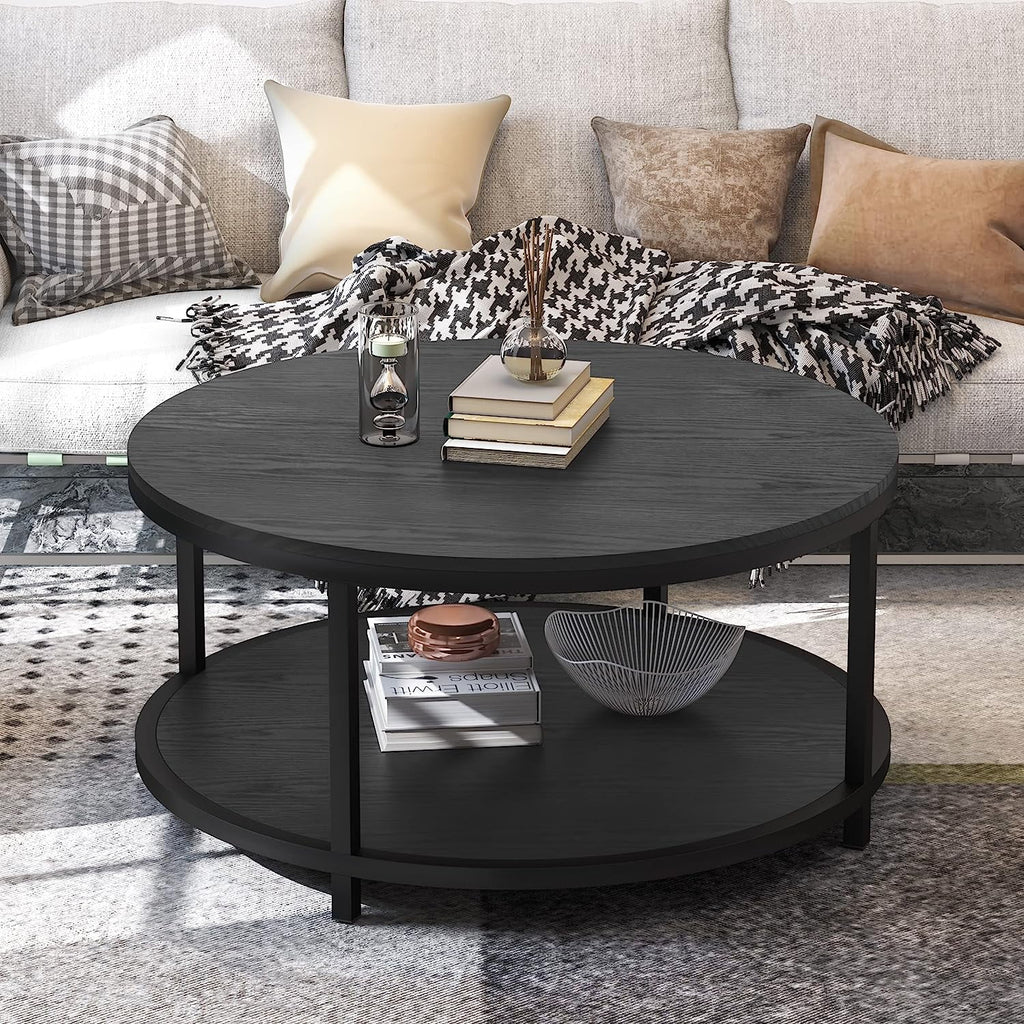 Round Black Coffee Table with Storage Open Shelf B89031