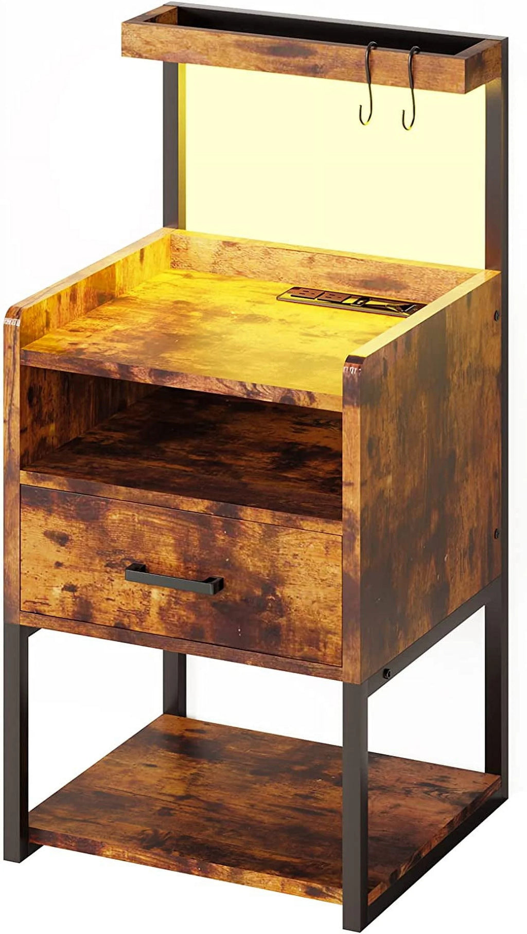 LED Nightstand Set of 2 with Charging Station and USB Ports, Rustic Brown Z793