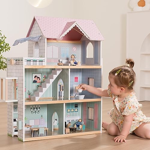 Large Pink Wooden Dollhouse with 15 Pcs Furniture & 3 Dolls V38106