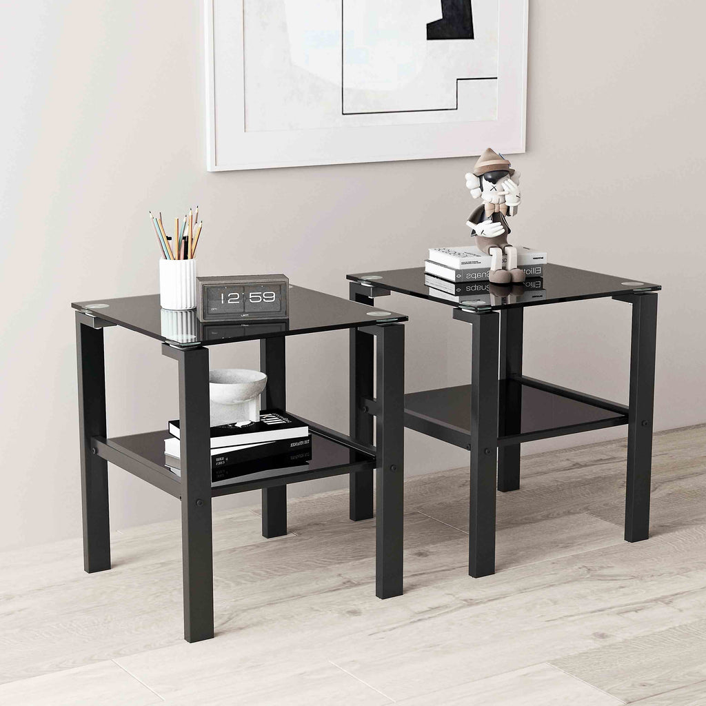 Black Glass 2 Tier Round Side Table Set of 2 P6929