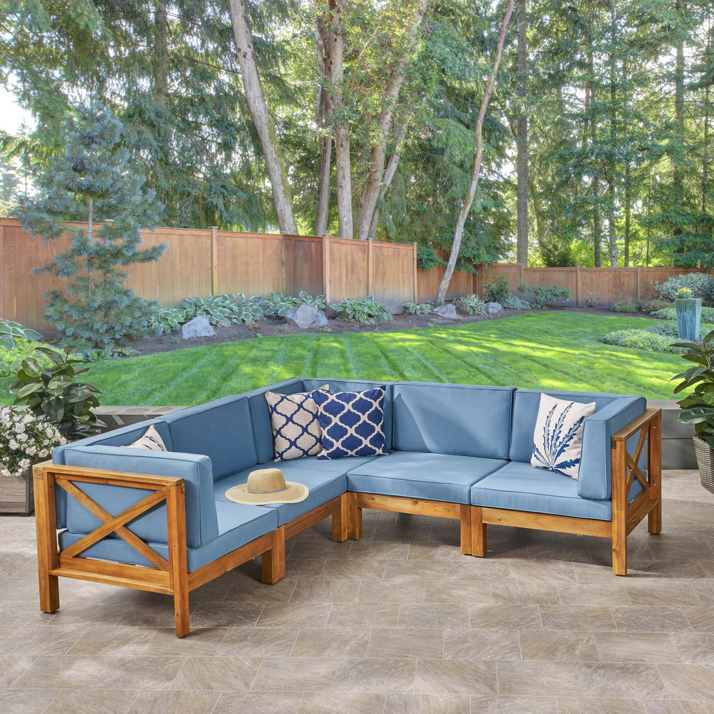 Acacia Wood 5 Seater Sectional Sofa Set with Water-Resistant Cushions R47517