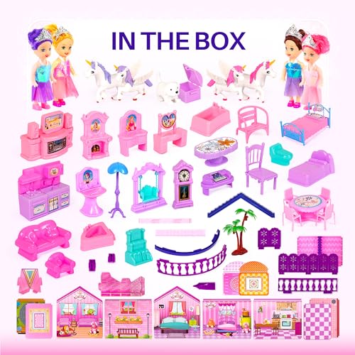 Pink and Purple Dollhouse with 4 Princesses, 4 Unicorns, Dog, Furniture and Accessories B56189