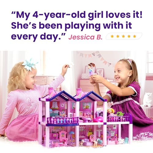 Pink and Purple Dollhouse with 4 Princesses, 4 Unicorns, Dog, Furniture and Accessories B56189