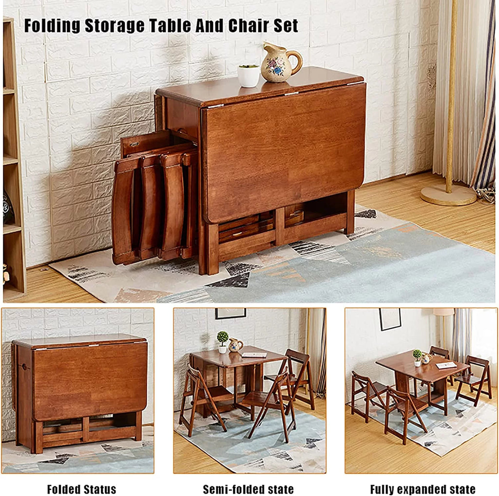 Solid Wood Drop Leaf Dining Table Set 5 Pieces with Wheels and Drawer A99712