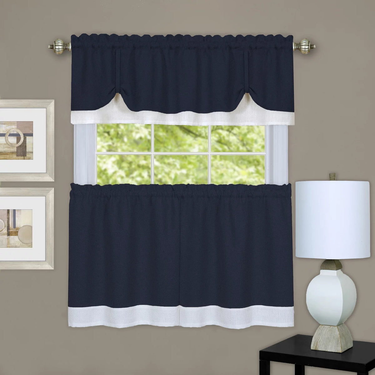 Navy White Kitchen Curtain Tier Pair M63215