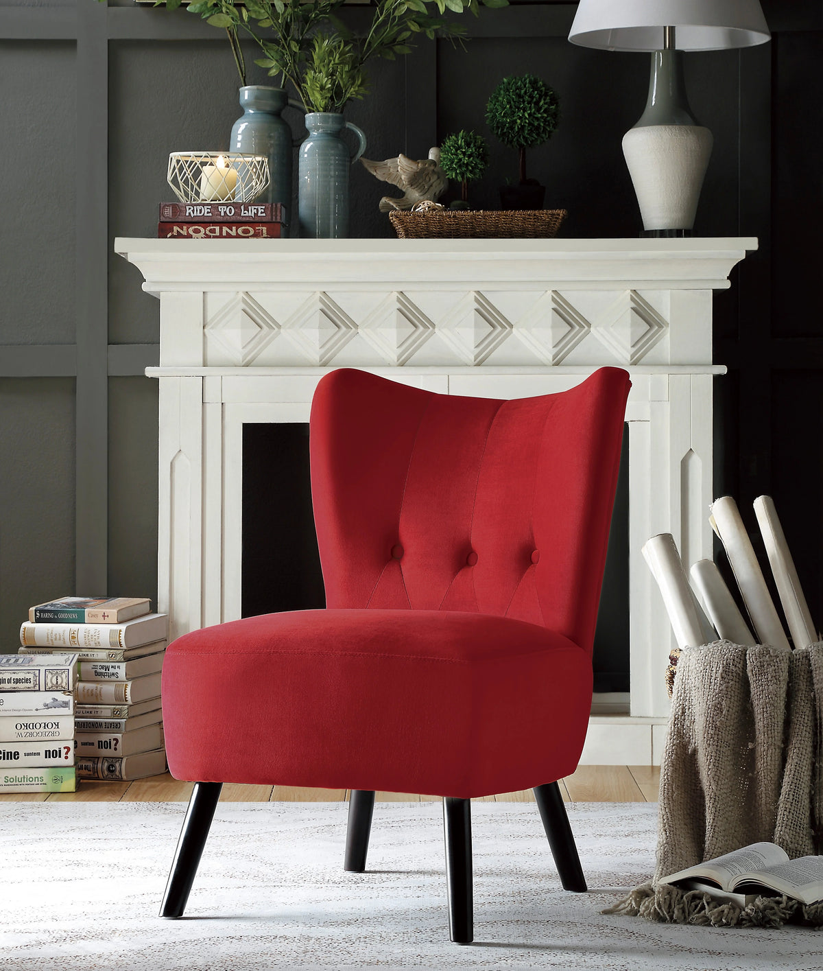 Red Button-Tufted Accent Chair with Wood Legs Q5594