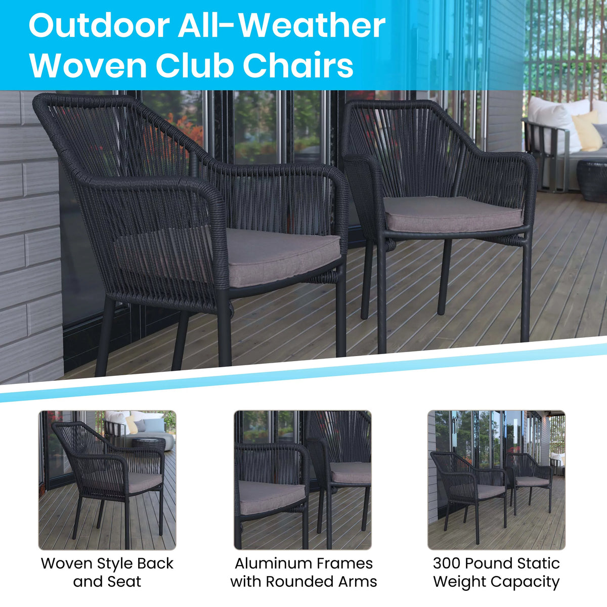 2 Piece Black All-Weather Woven Patio Chairs with Gray Cushions X51302