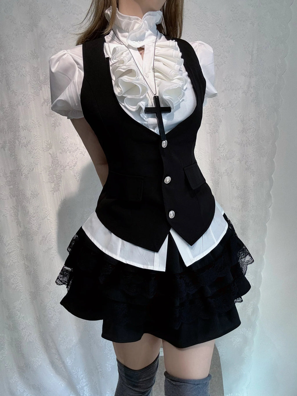 Vintage-Style Shirt, Vest & Mini Skirt Three-Piece Set N289484