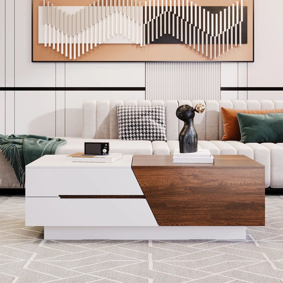 White Walnut Extendable Coffee Table with Storage Drawers T4095