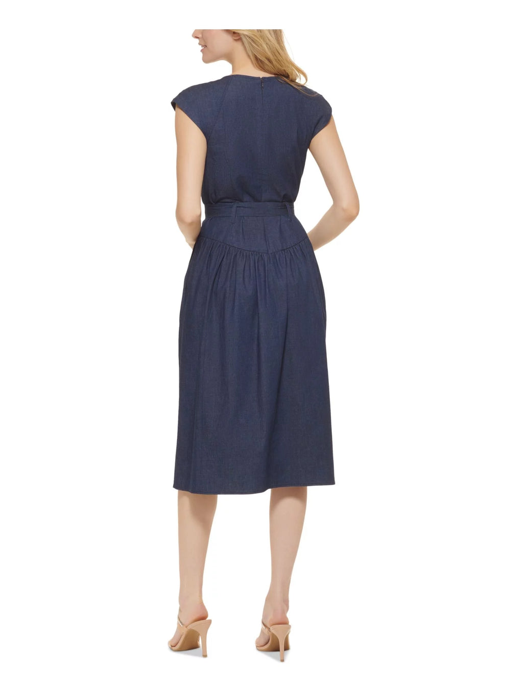 Navy Cap Sleeve V Neck Midi Dress S79638