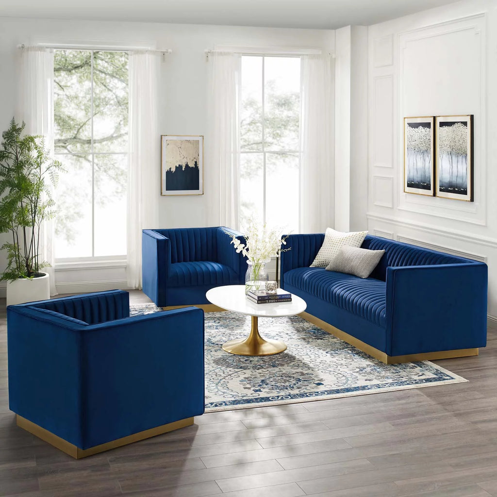 Blue Velvet Tufted Armchair and Sofa Set Y54109