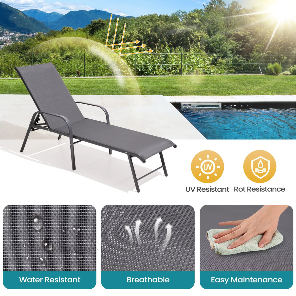 Set of 2 Gray Aluminum Outdoor Chaise Lounge Chairs L390985