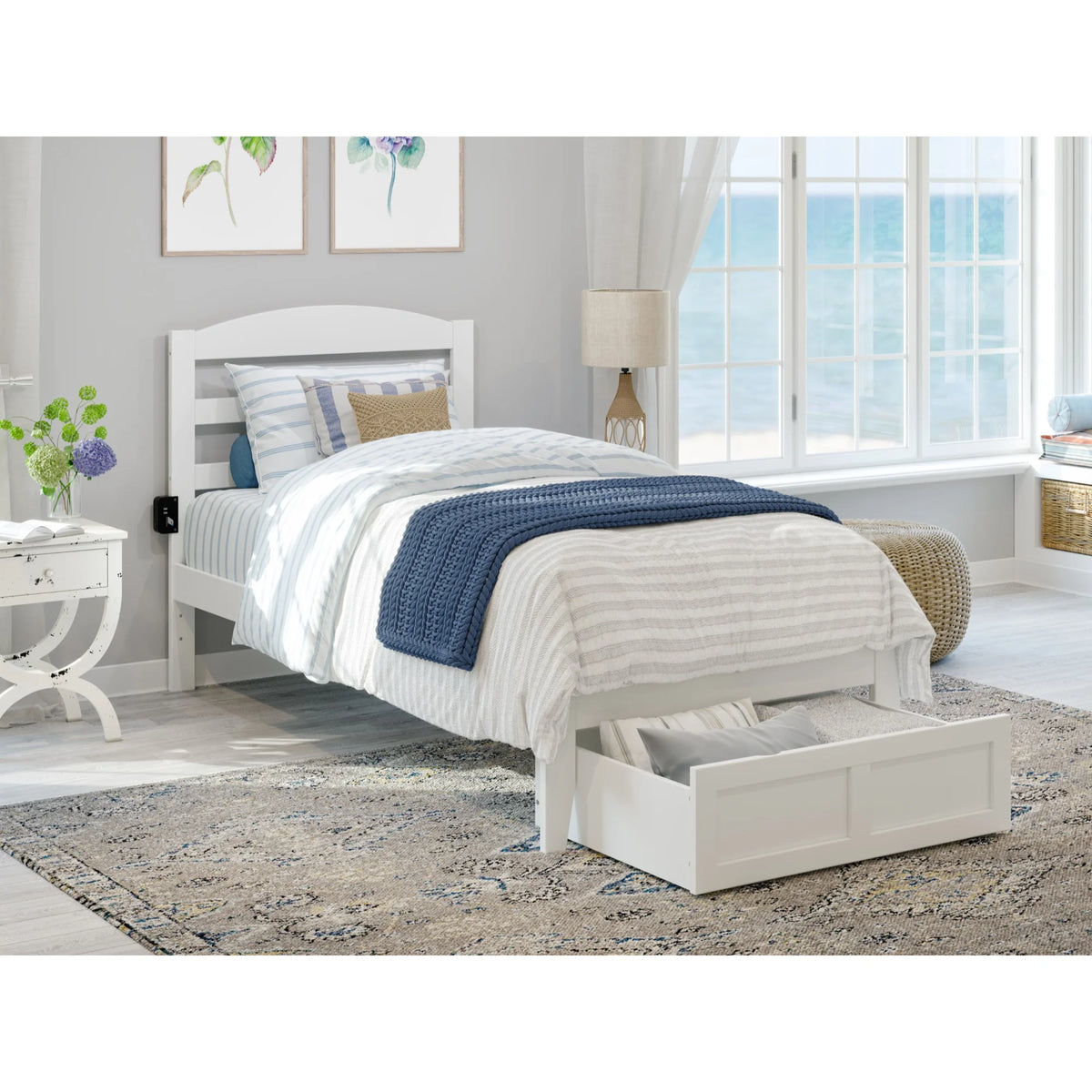 Solid Wood Twin Bed with Foot Drawer and USB Charger in White C4182