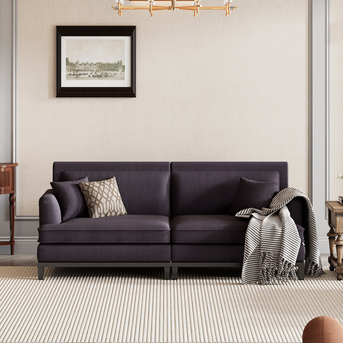 Grey Upholstered Loveseat Sofa with 2 Pillows P1469