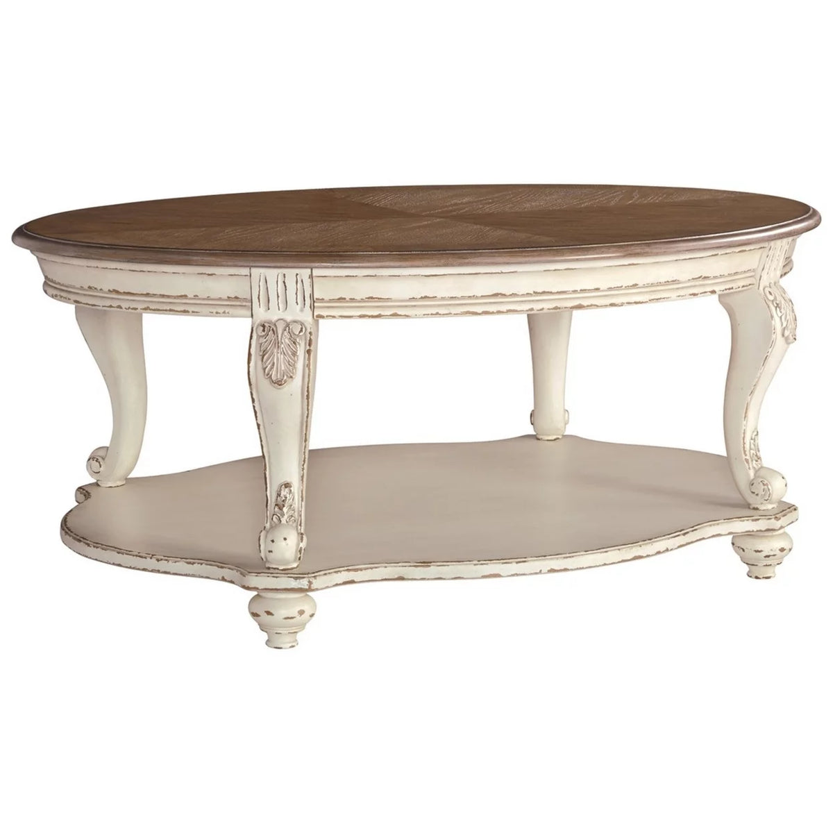 Antique White and Brown Two Tone Oval Cocktail Table with Bottom Shelf P8008
