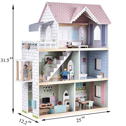 Large Pink Wooden Dollhouse with 15 Pcs Furniture & 3 Dolls V38106