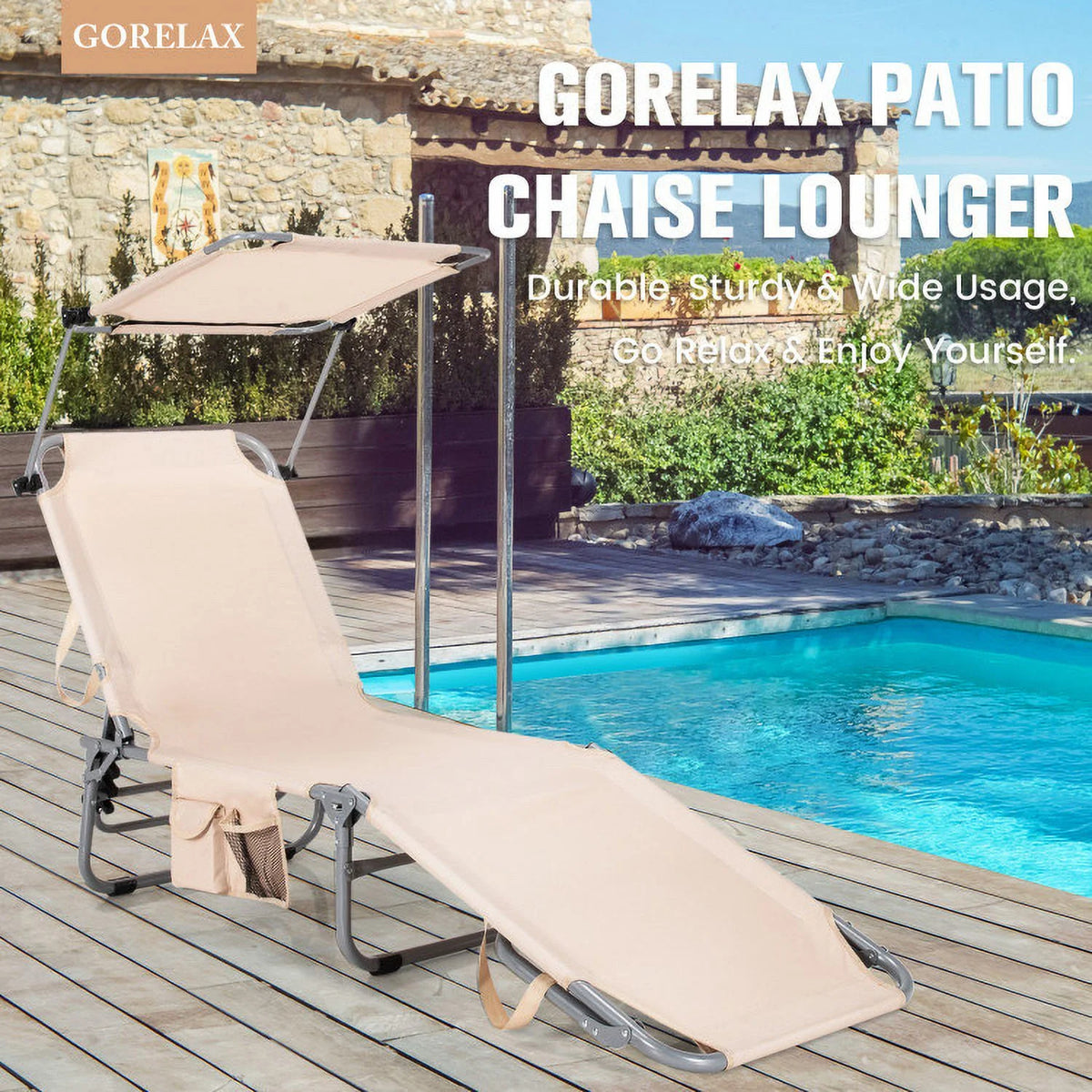 Outdoor Recliner Chair with Canopy and Side Pocket L59437