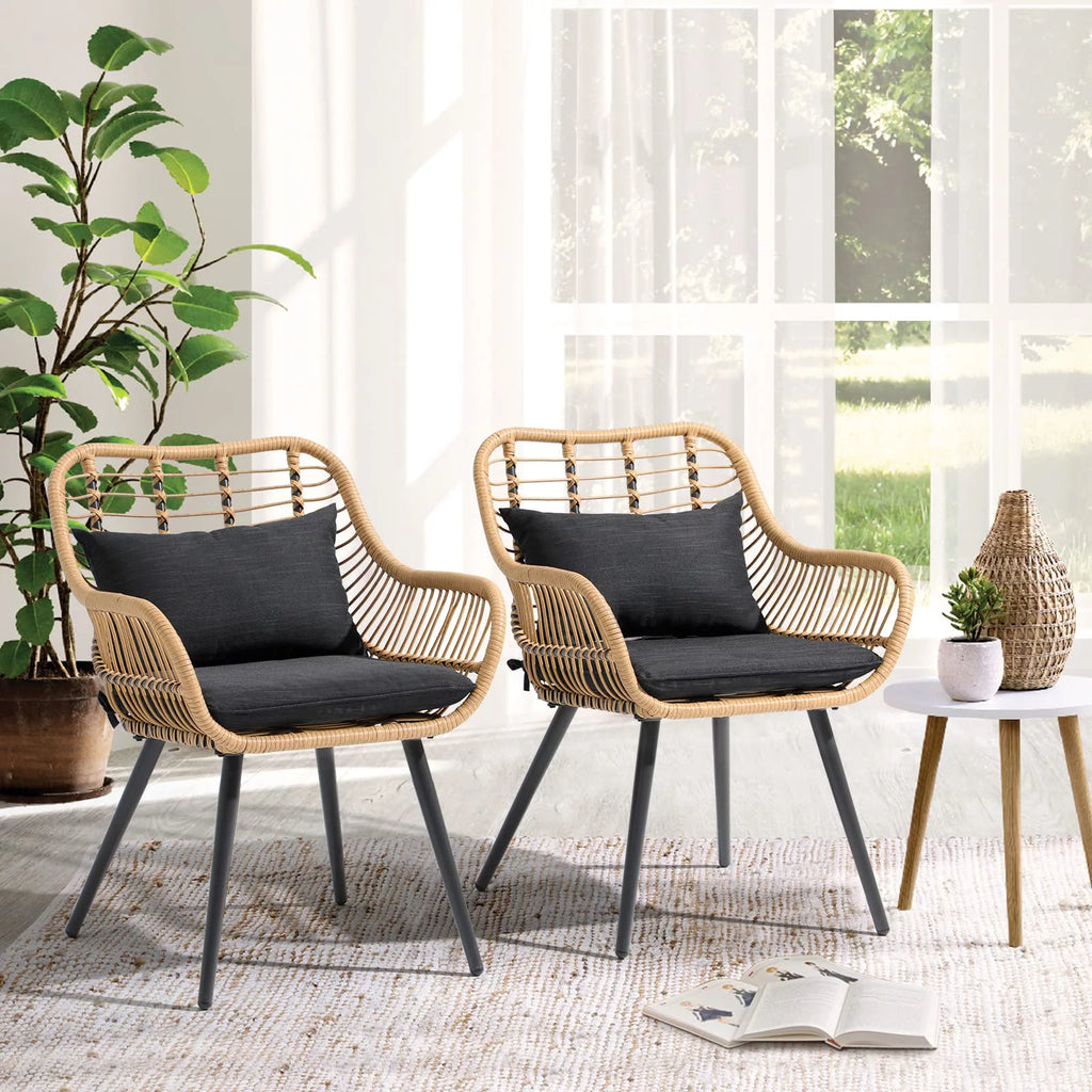 Black Wicker Patio Dining Chairs Set of 2 with Cushions W46314