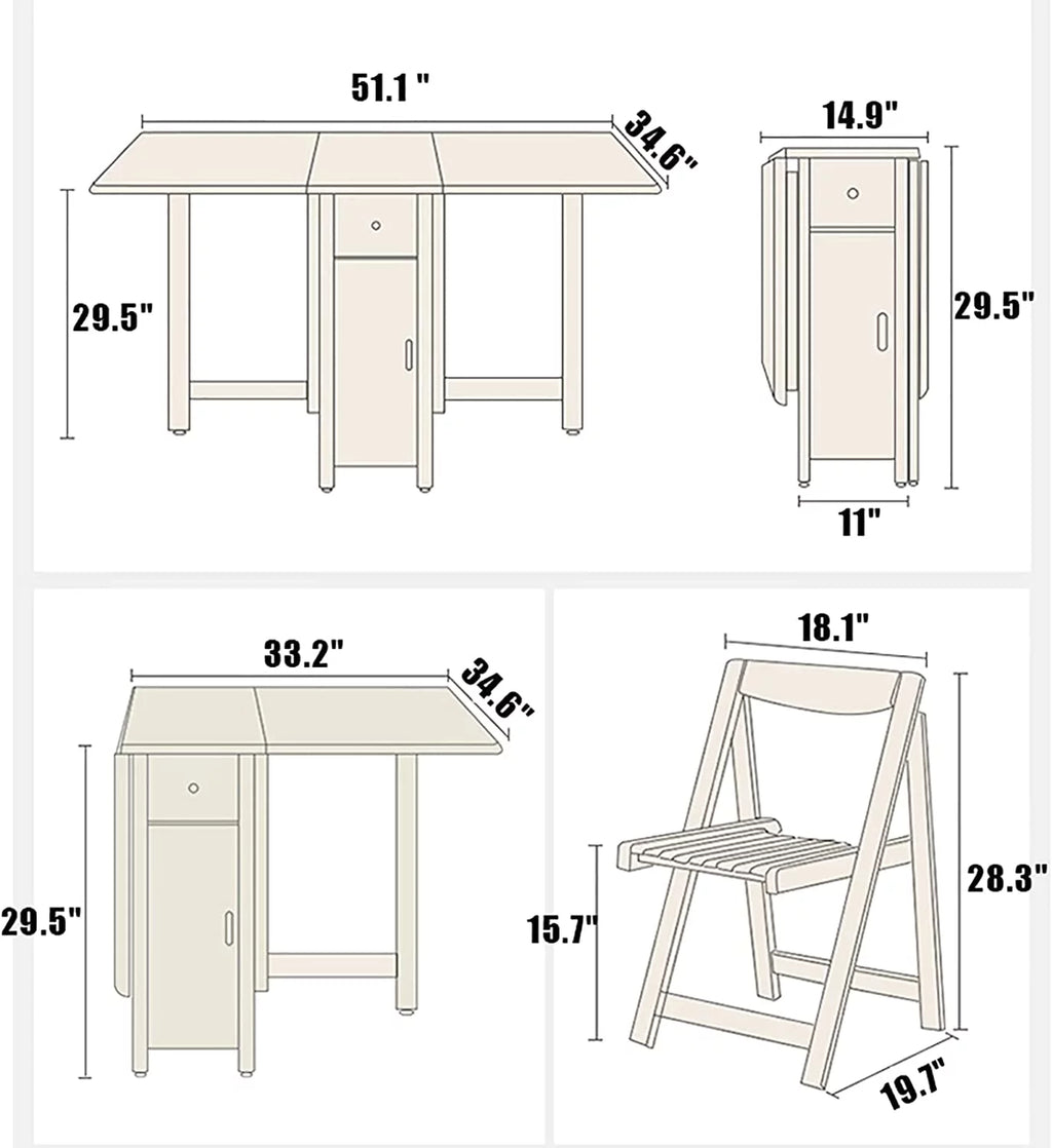 Solid Wood Drop Leaf Dining Table Set 5 Pieces with Wheels and Drawer A99712