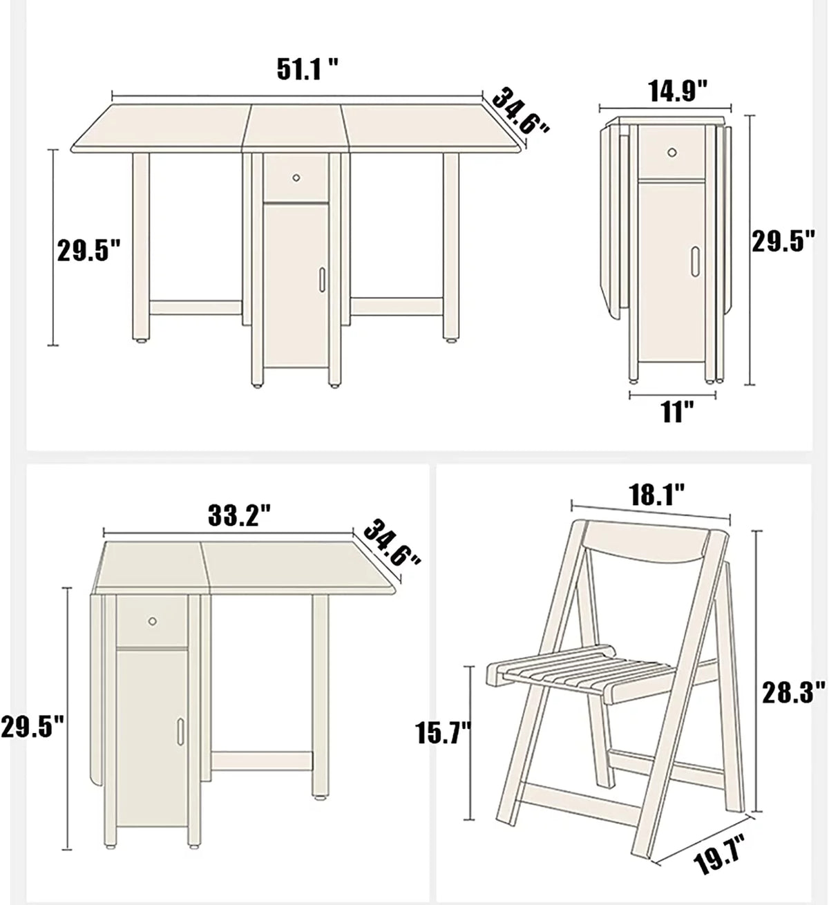 Solid Wood Drop Leaf Dining Table Set 5 Pieces with Wheels and Drawer A99712