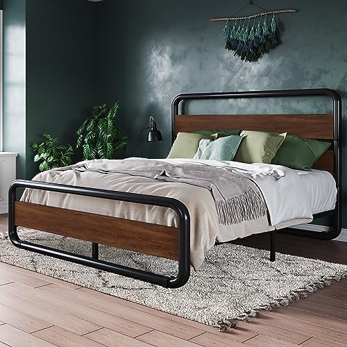 Full Size Black Metal Platform Bed Frame with Wood Headboard L1371