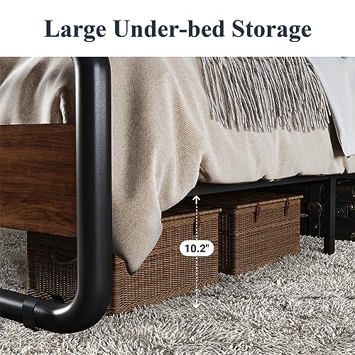 Full Size Black Metal Platform Bed Frame with Wood Headboard L1371