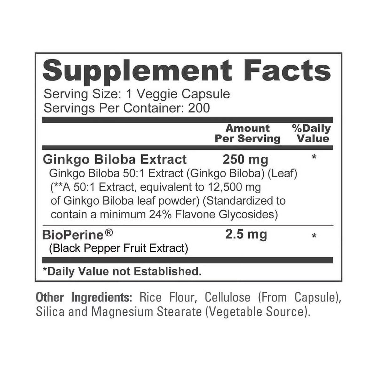Ginkgo Biloba Extract 12,500mg Vegetarian Capsules 200 Ct Non-GMO Gluten-Free Z373288