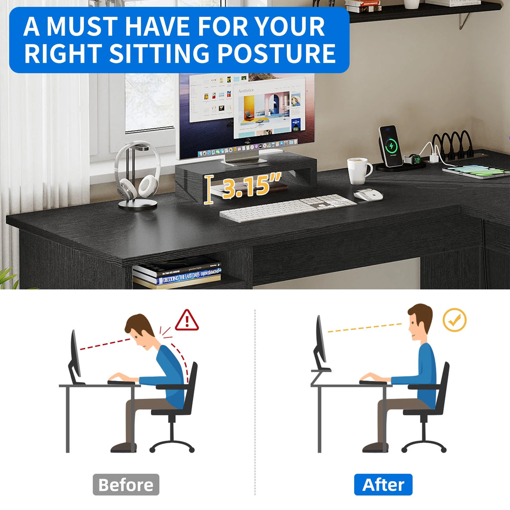 59 Inch Black L-Shaped Desk with Power Outlet and Drawers L78216
